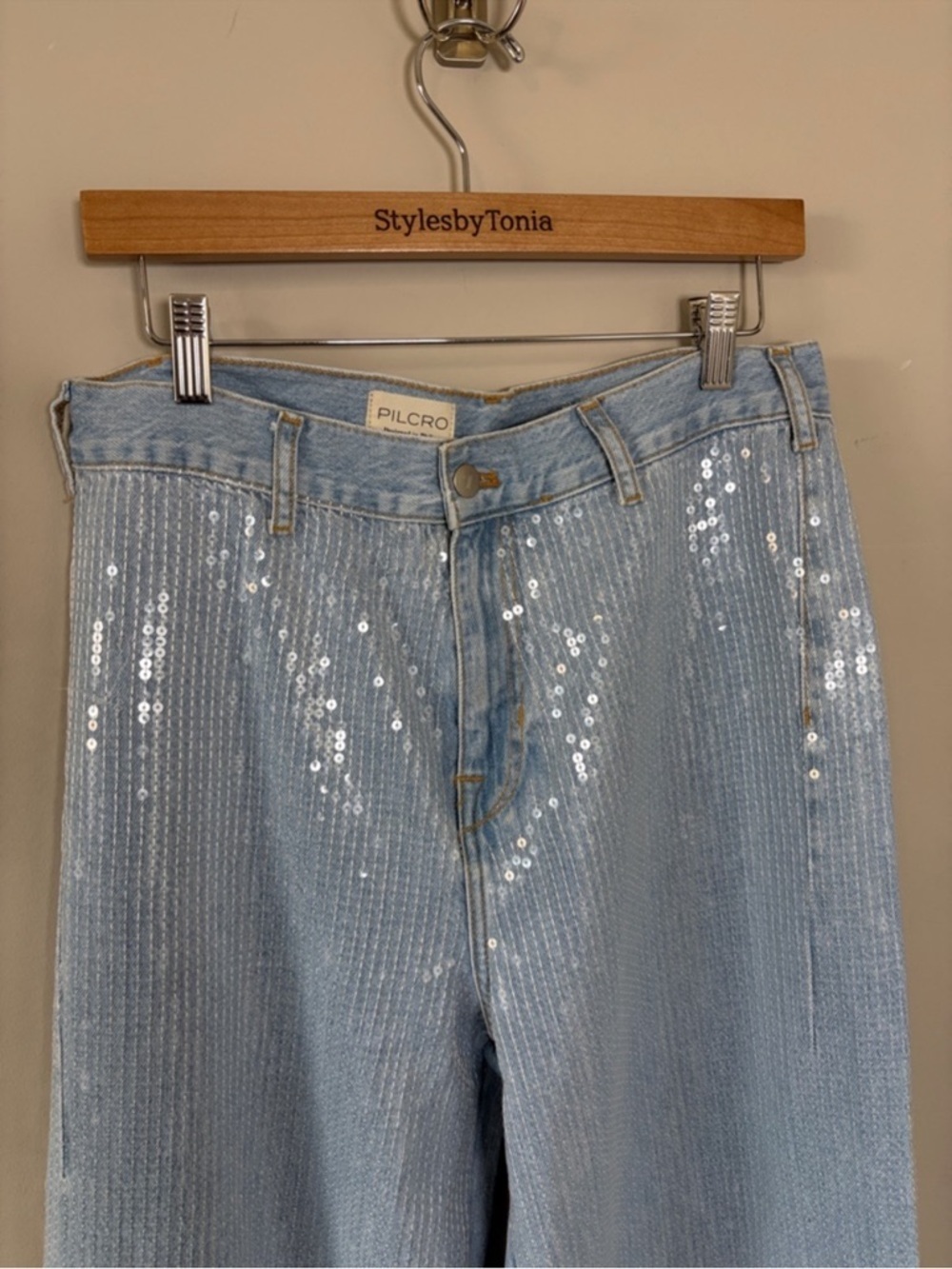 Anthropologie Pilcro Sequin Skater High Rise Wide Leg Jeans Sparkle Sz 27 NEW - Picture 6 of 15
